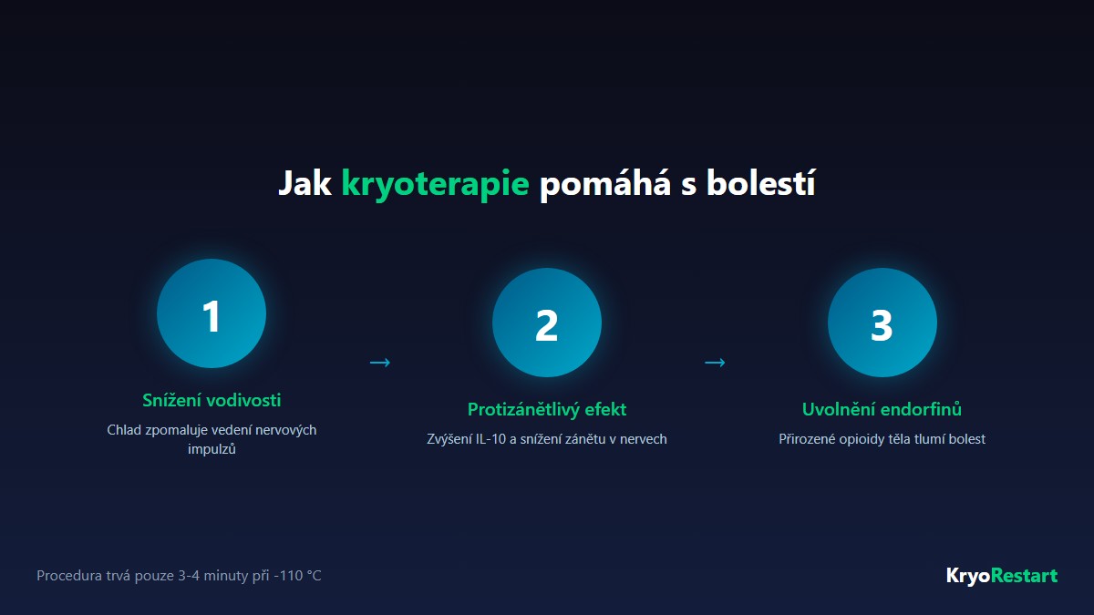 Jak kryoterapie pomáhá s neuropatickou bolestí - 3 kroky: snížení nervové vodivosti, protizánětlivý efekt, uvolnění endorfinů